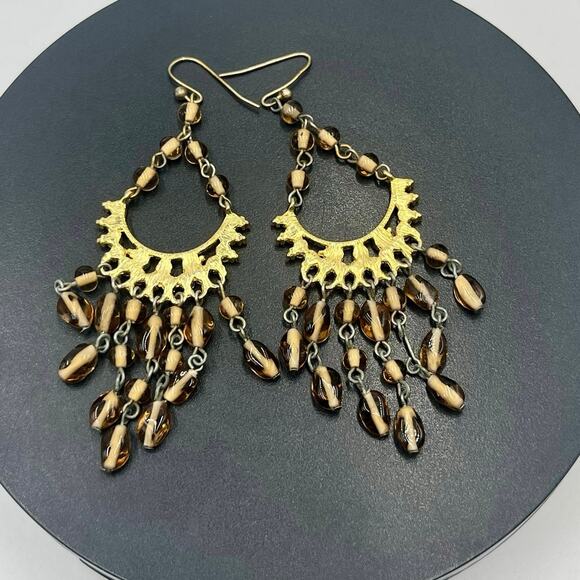 Gold-tone Chandelier Earrings featuring Faceted Amber Brown Glass Beads - Picture 5 of 6